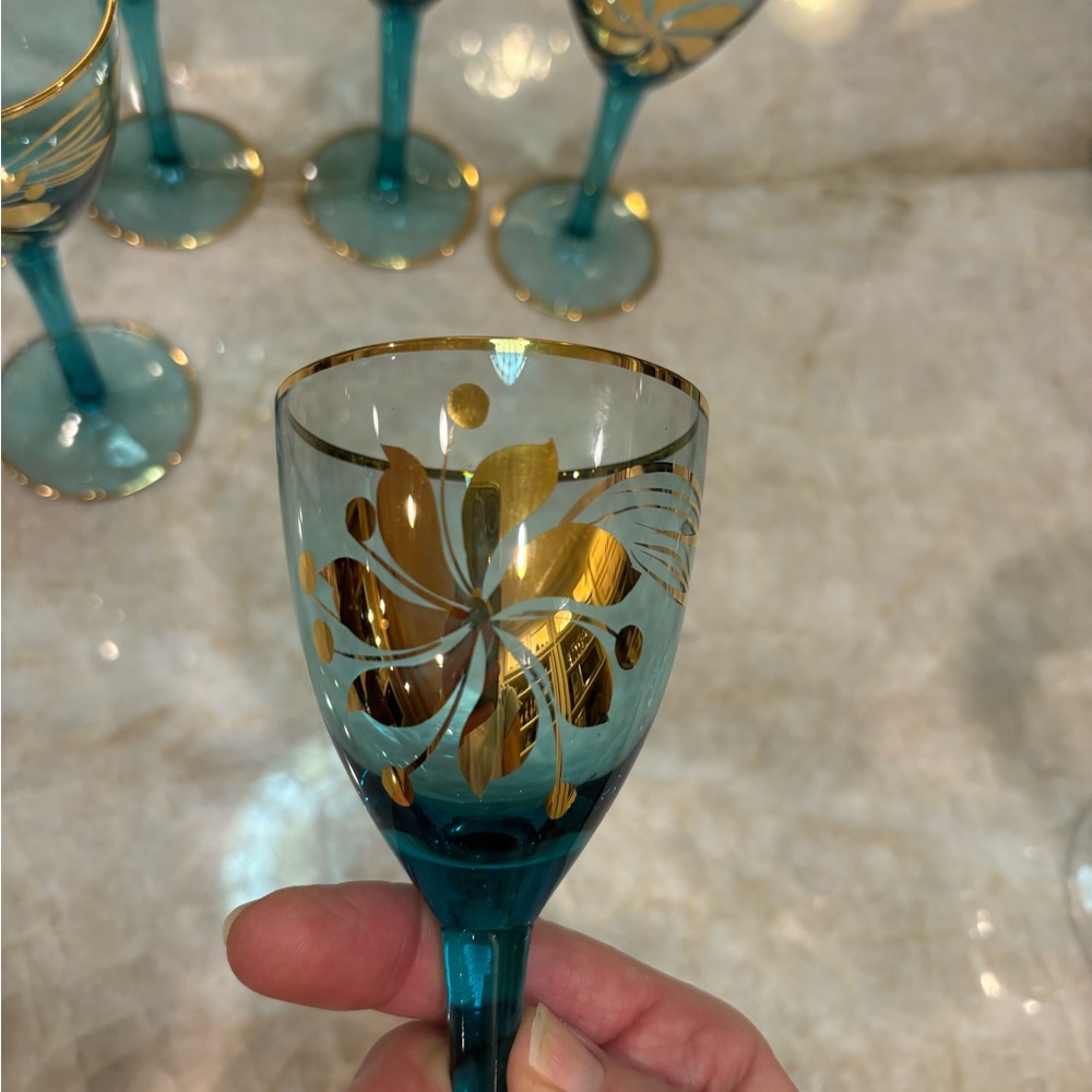 Vintage Romanian Aqua Blue Cordial or Wine Glasses w/gold floral design Set Of 6